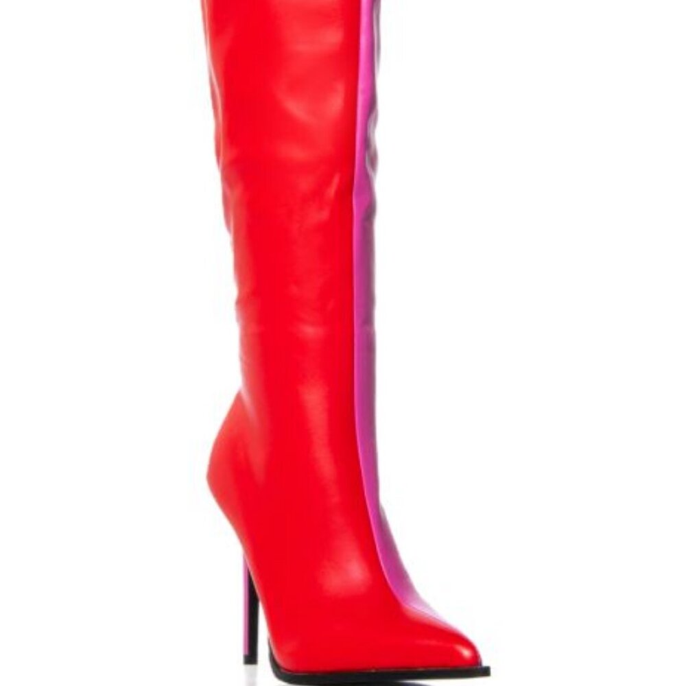 AZALEA WANG " SPLIT PERSONALITY " COLORBLOCK THIGH HIGH BOOT IN RED(BRAND NEW !! - Picture 4 of 8